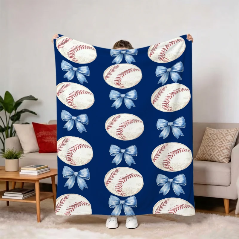 Navy Blue Baseball Bow Watercolor Flannel Blanket For Sporty Bedroom Decor Soft Warm Throw Blanket Gift