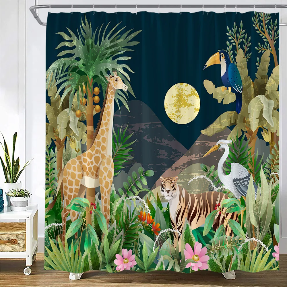 Plant Africa Leopard Shower Curtain Tropical Palm Leaf Zebra Toucan Flamingo Jungle Wild Animal Bathroom Decor Bath Curtains Set