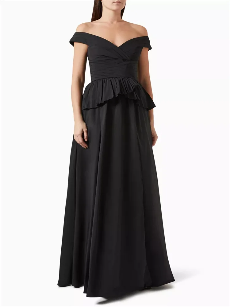 Hot Selling Off-shoulder Neckline Draped Bodice Taffeta A-Line Evening Dress Elegant Back Zipper Floor Length Gown For Women