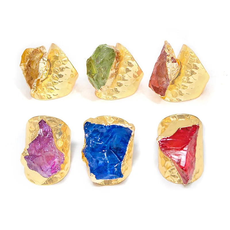 

Handmade genuine natural white crystal rough stone wide edge ring, colored crystal hemming adjustable exaggerated jewelry