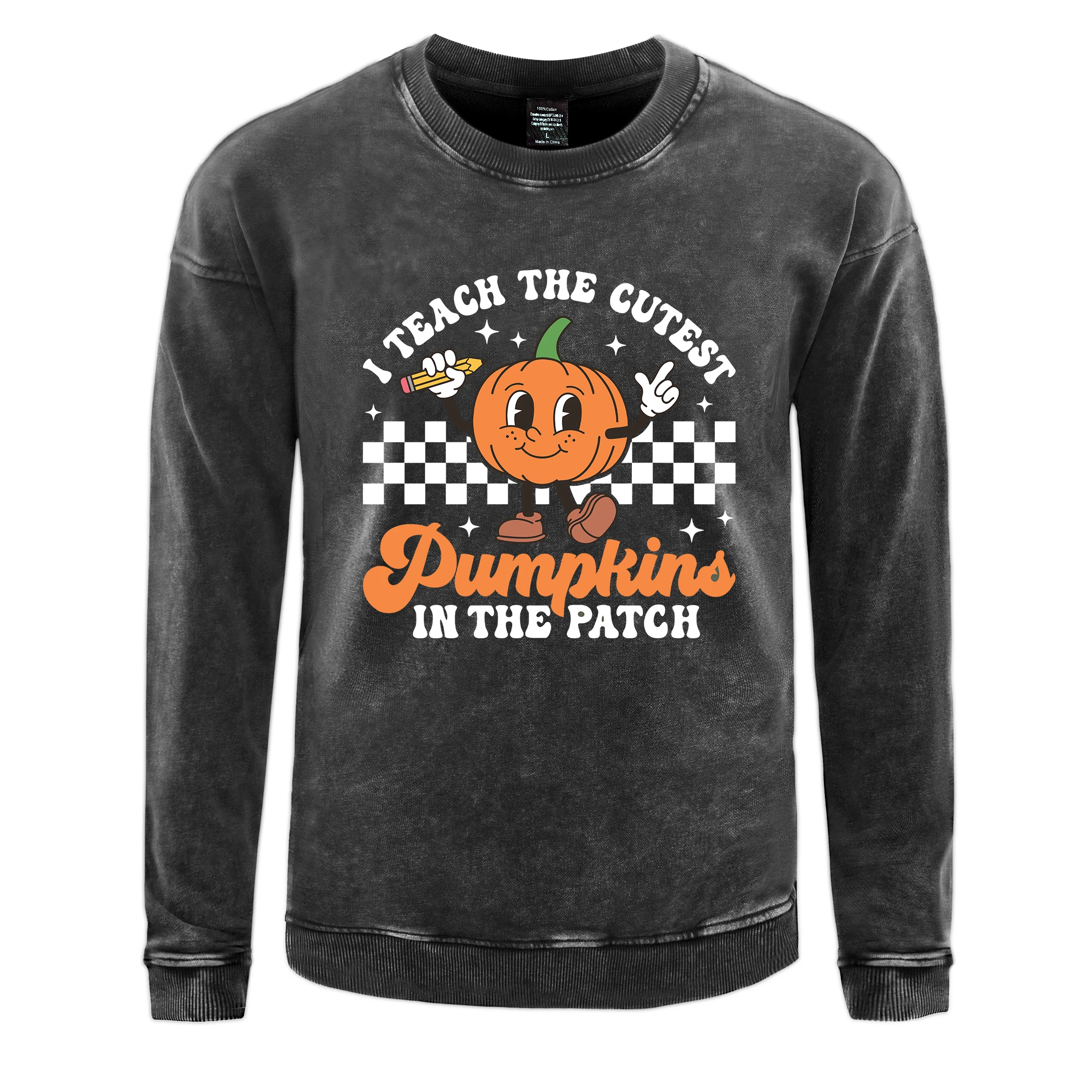 

Cute Pumpkin Cartoon Printed Distressed Cotton Washed Sweatshirt Men Simple Oversize O-Neck Clothes Autumn Soft Warm Streetwear