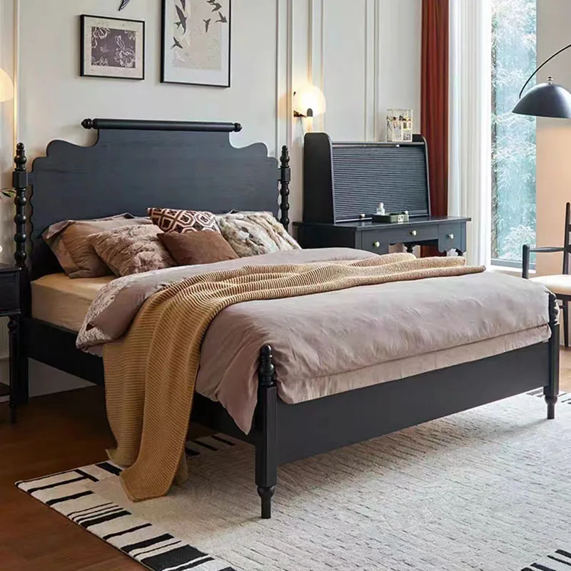 Solid wood retro bed medieval master bedroom simple American ash wood double bed Roman column