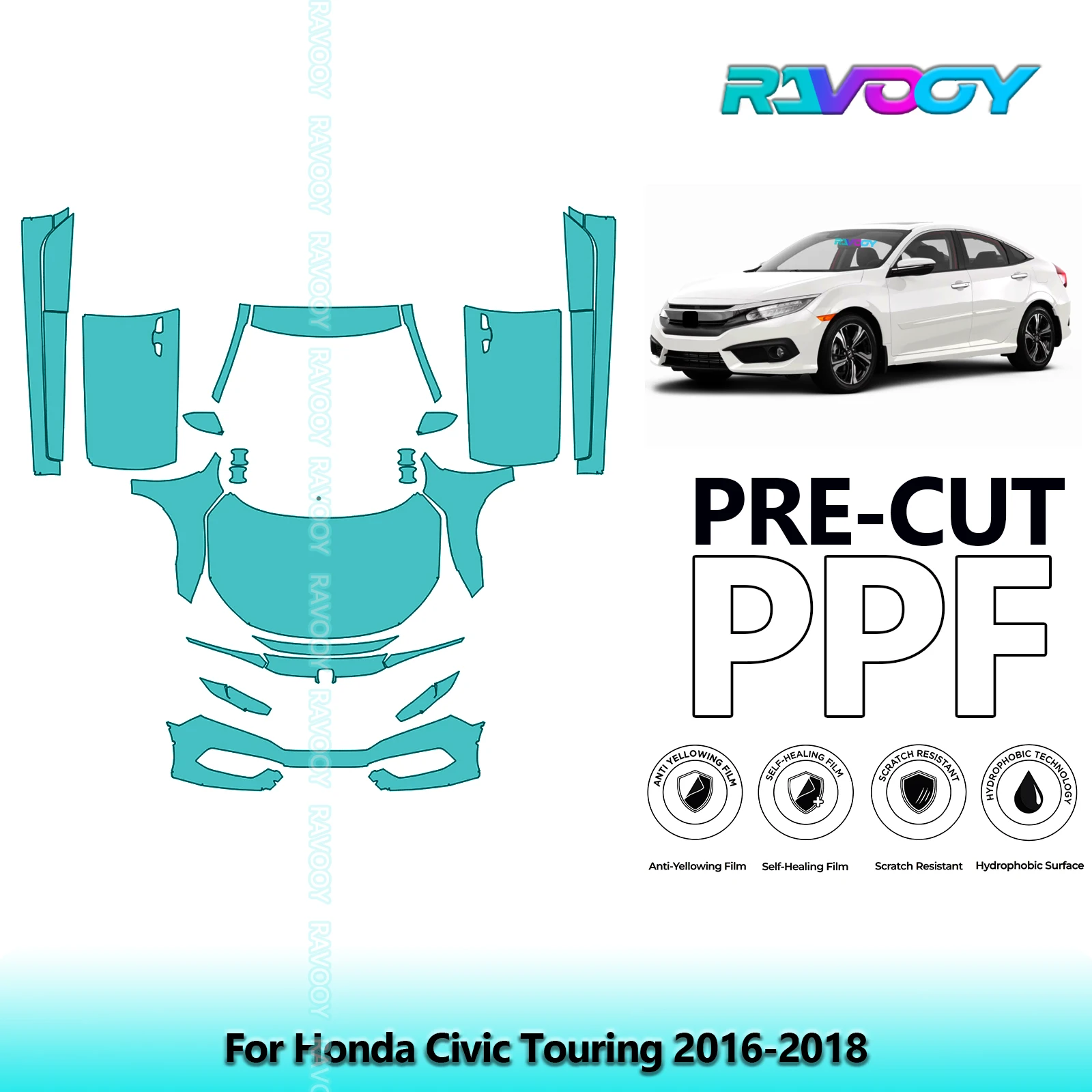 

8.5Mil Precut Paint Protection Film PPF Clear Bra Front Kit+Doors For Honda Civic Touring 2016-2018