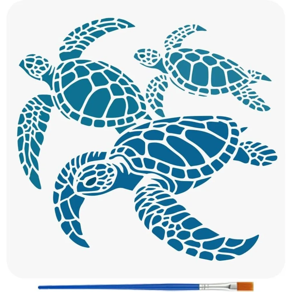 Turtles Stencil for Painting with Brush 11.8x11.8inch Reusable 3 Sea Turtle Template Hollowed Ocean Animal Stencil Plastic