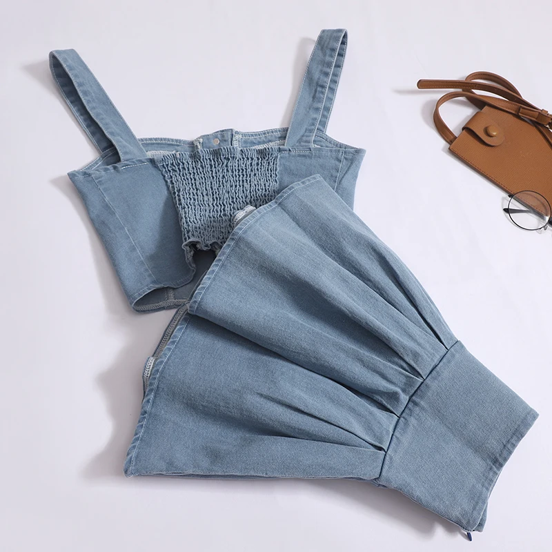 Setelan Denim polos untuk wanita, setelan Tank top tanpa lengan Single Breasted Vintage dan rok lipit A-line pinggang tinggi warna polos untuk wanita