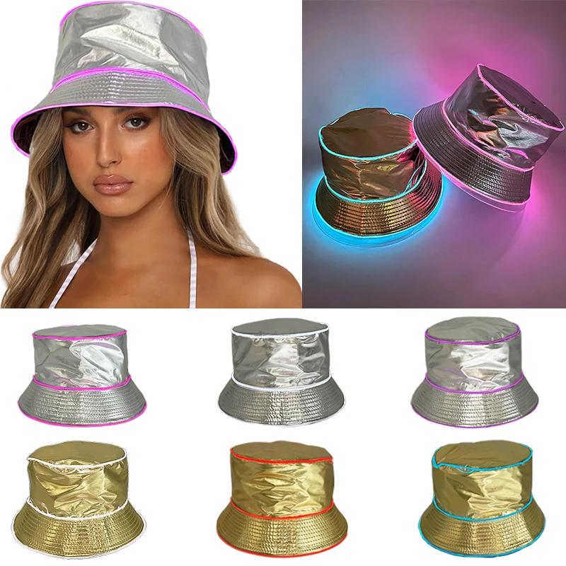 New style Y2K luminous hat LED light up bucket hat glowing Fishermen Caps for man women fashion rave show Party props