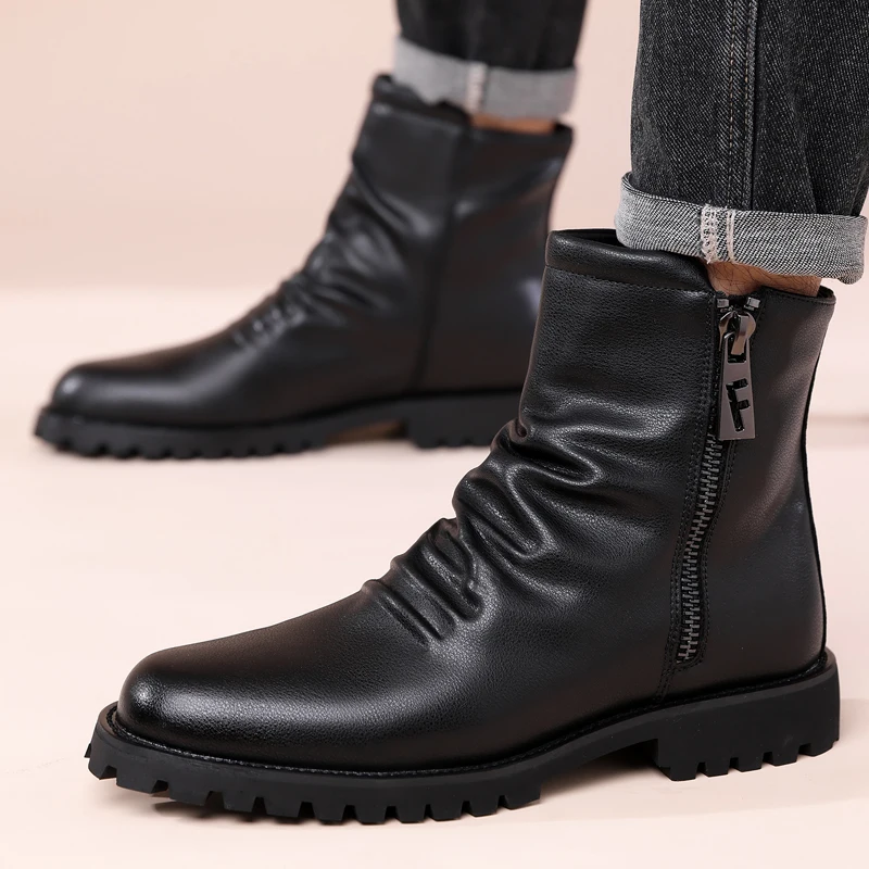 

Men's Waterproof Oil Resistant Mid Top Winter Plush Windproof Warm High Top Side Zipper Fashionable Solid Color Trend Plus Size