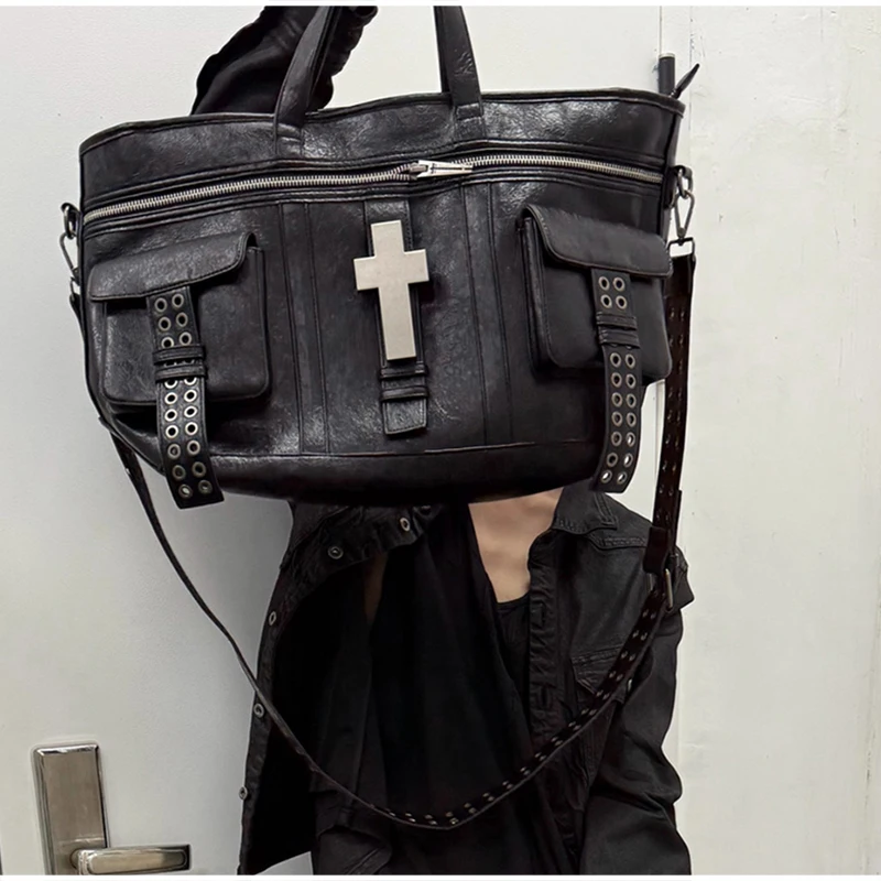 Vintage Distressed Tote Bag mit Kreuznieten, Große Unisex Umhängetasche, Reißverschluss-Handtasche aus Cracked PU für Damen – Detail 22