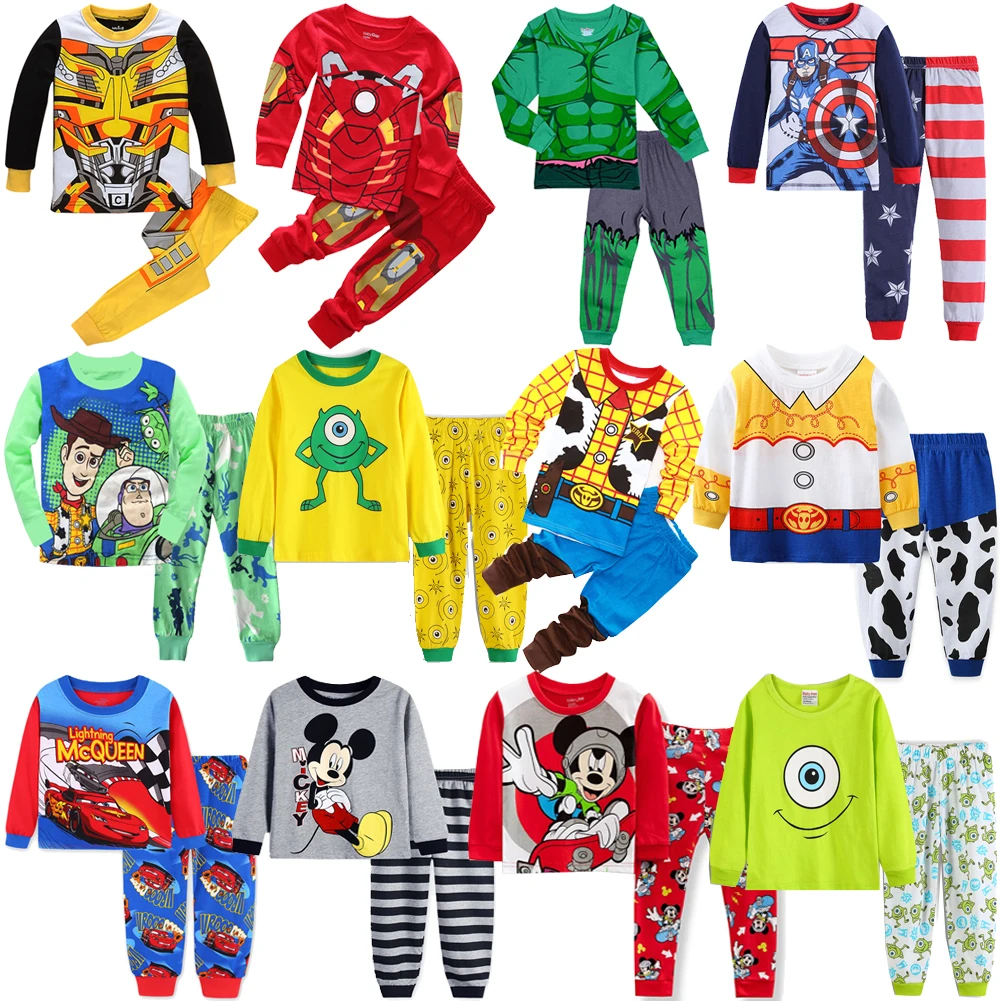 Spring Autumn Children\'s Mickey Clothing Sets Boys Sleepwear Clothes Kids Iron Man Pajamas Set Baby Girls Cotton Cartoon Pijamas