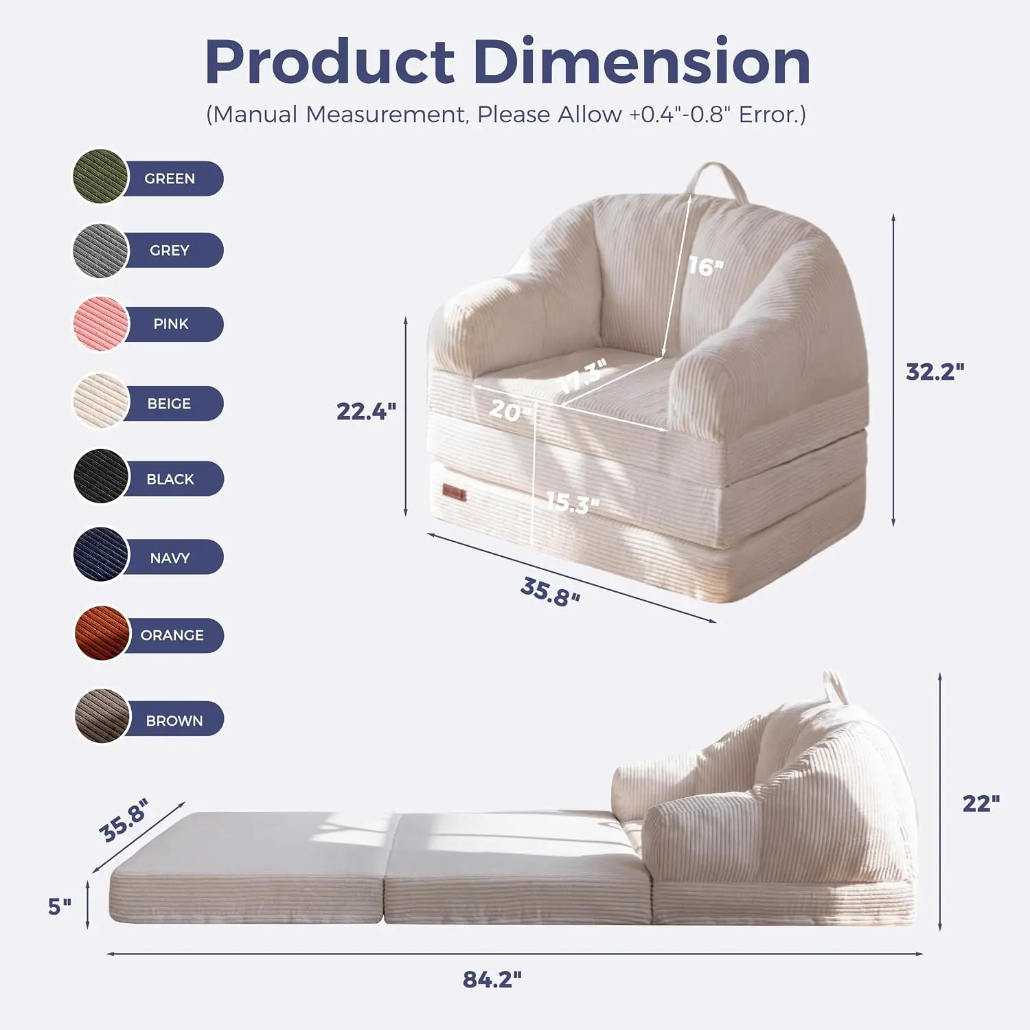 Folding Sofa Bed with Backrest, Boneless Fold Out Couch Bed with Handle, 2 in 1 Convertible Bean Bag Chair to Floor Sofa Lounger