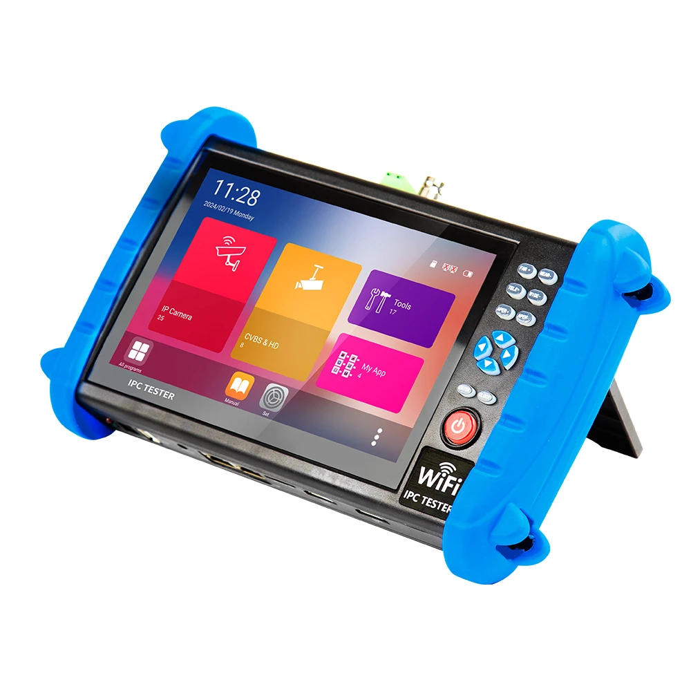 CCTV tester equipped with a 7-inch high-definition touchscreen, capable of configuring DVRs, NVRs, and other displays