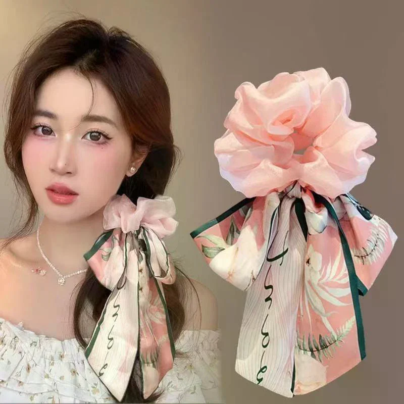 Printed Bow Hair Rope Elegant Ribbon Ponytail Hair Band For Women Sweet Rubber Band Hair Ring Fashion Headdress Hair Accessories