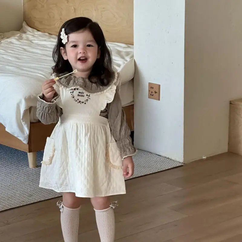 

2025 Autumn New Baby Sleeveless Dress Cotton Infant Girl Lace Strap Dress Flower Embroidery Girls Princess Dress Toddler Clothes