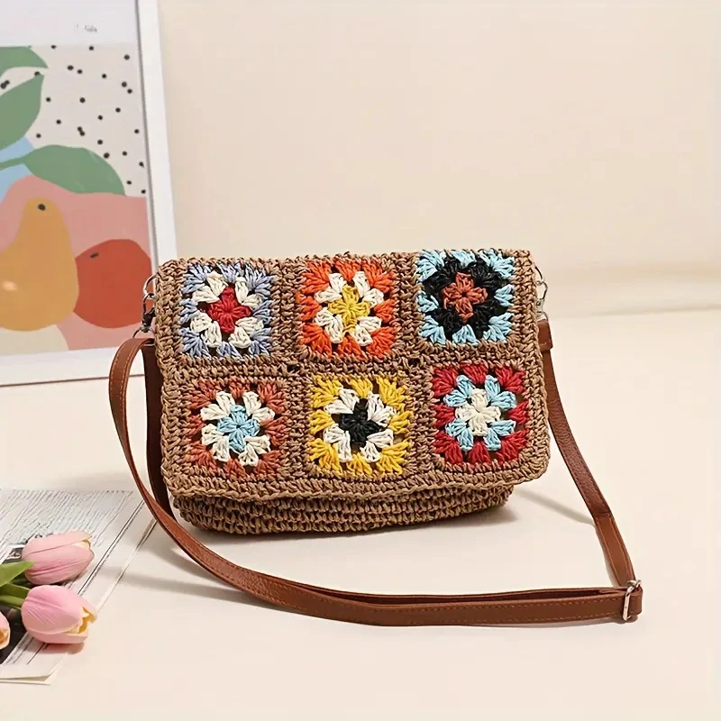 bohemian granny square straw shoulder bag for women handmade weave crossbody bags casual summer beach big flap vacation purses