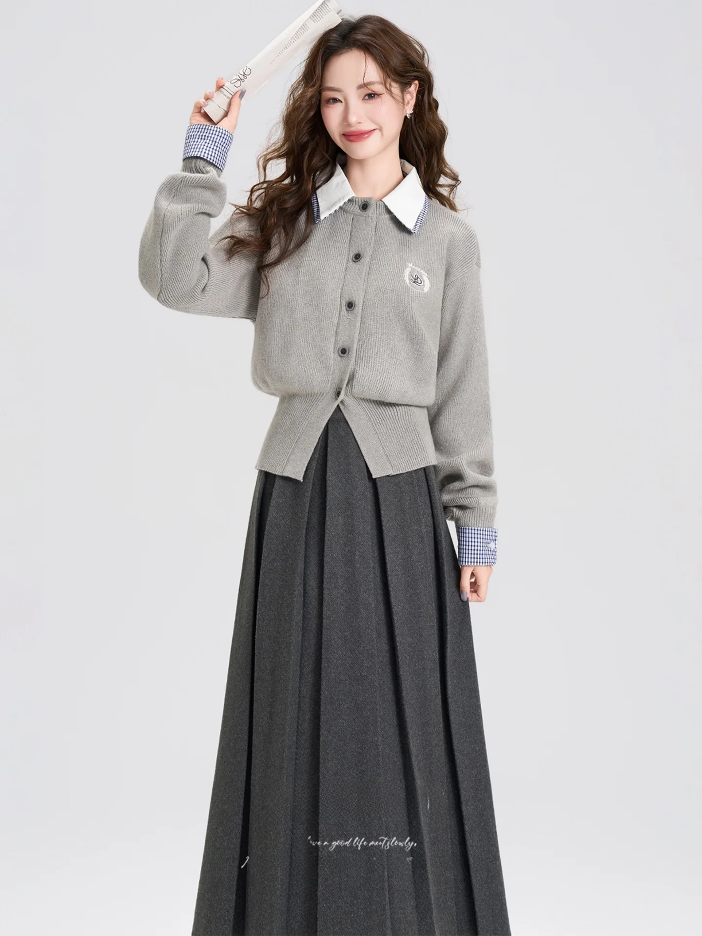 

Женский комплект из двух предметов: топ с вырезами на талии и вязаная юбка в стиле пэчворк, осенне-зимний, модный, повседневный, приталенный, с воротником