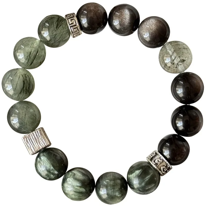 Natural Crystal Bracelets for Men Green Phantom Silver Obsidian Citrine Bracelets Bring Luck & Fortune Valentine Gifts