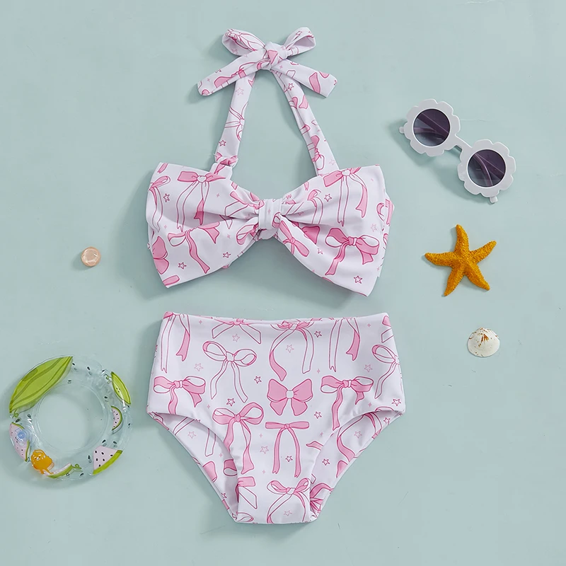 1-6T Kids Girl 2 Piece Swimsuits Summer Bow Print Halter Neck Bikini Tops and Elastic Shorts Set Bikini Bathing Suits