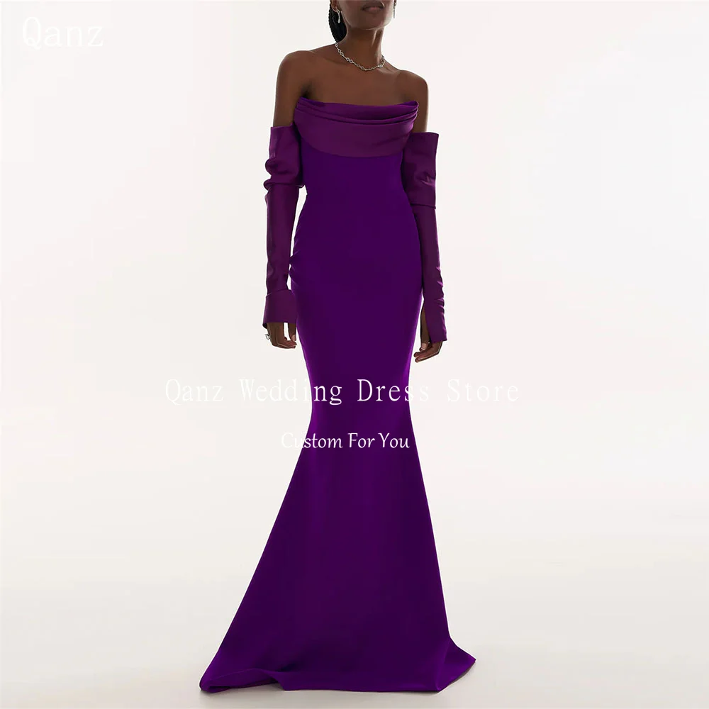 Qanz Vintage Soft Satin Evening Dresses Saudi Arabia Purple Long Sleeves Mermaid Dresses 2024 Women Dubai Formal Occasion Dress