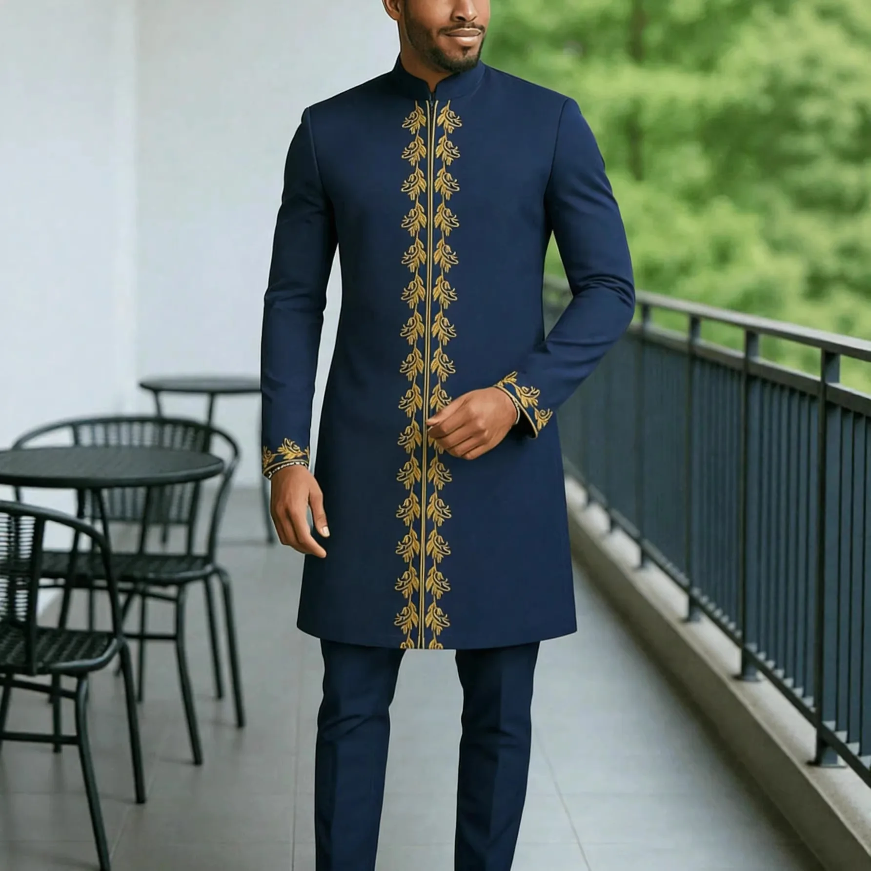 Autumn and winter new Kaftan men's suit African style long-sleeved simple men's 2-piece suit wedding holiday clothing