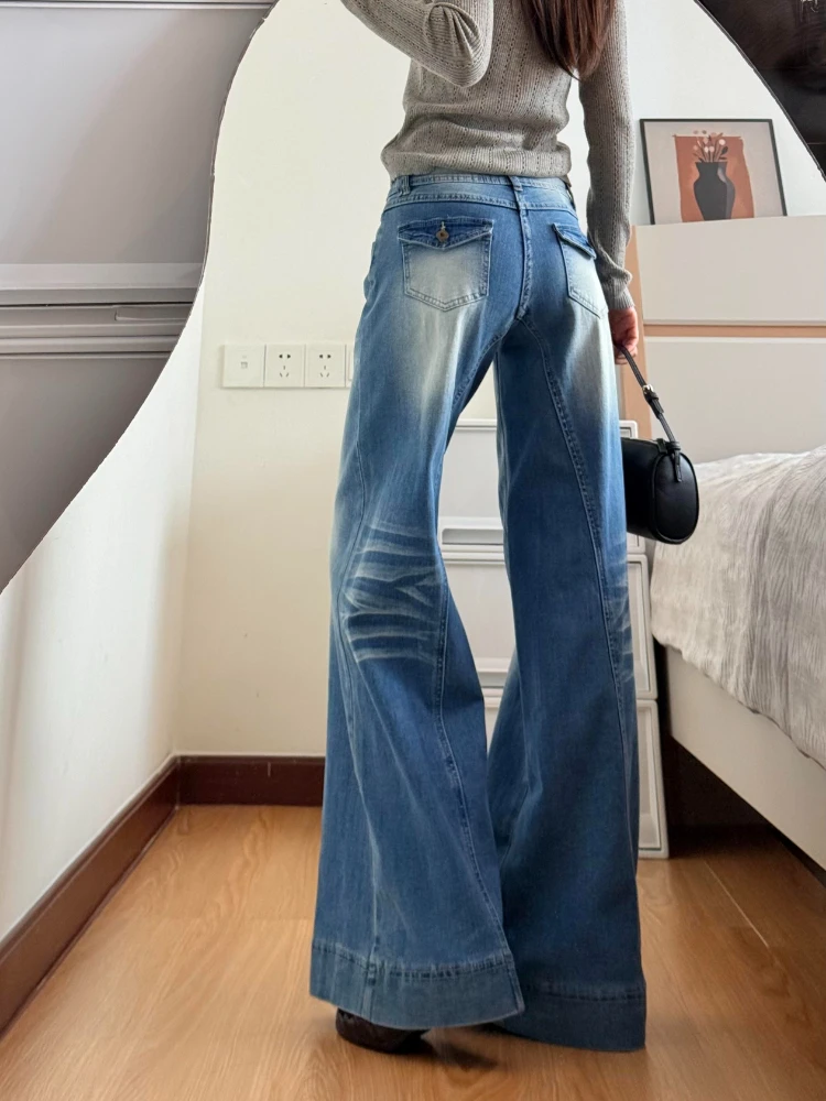 Vintage Blue Low Rise Wide Leg Women Jeans 2026 New Washed Draping Figure Flattering Denim Trousers Straight Floor-length Pants