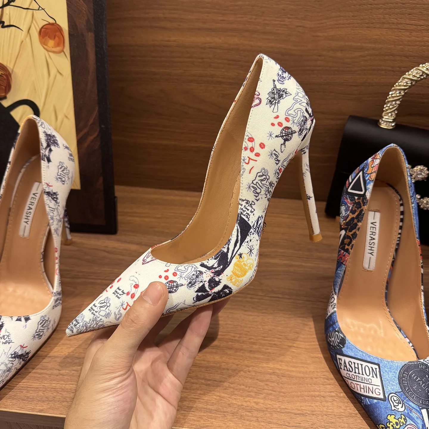 New women's white sole ink wash shallow mouth slim heel 12cm high heels fashionable and versatile commuting party single shoes