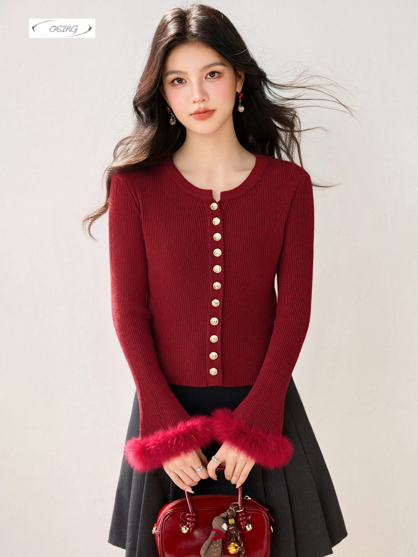 

Single Breasted Fur Splice Long Sleeve Slim Red Knitted Cardigan Sweater Women Autumn Winter Elegant Vintage Knitwear Tops 9793