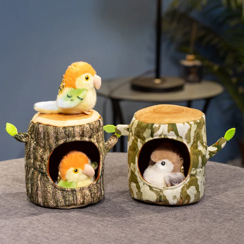 Fun Birds In The Tree Stump Plush Toys Creative Sparrow Parrot Bird And Nest Combination Plush Toy Pentant Home Decor Gift