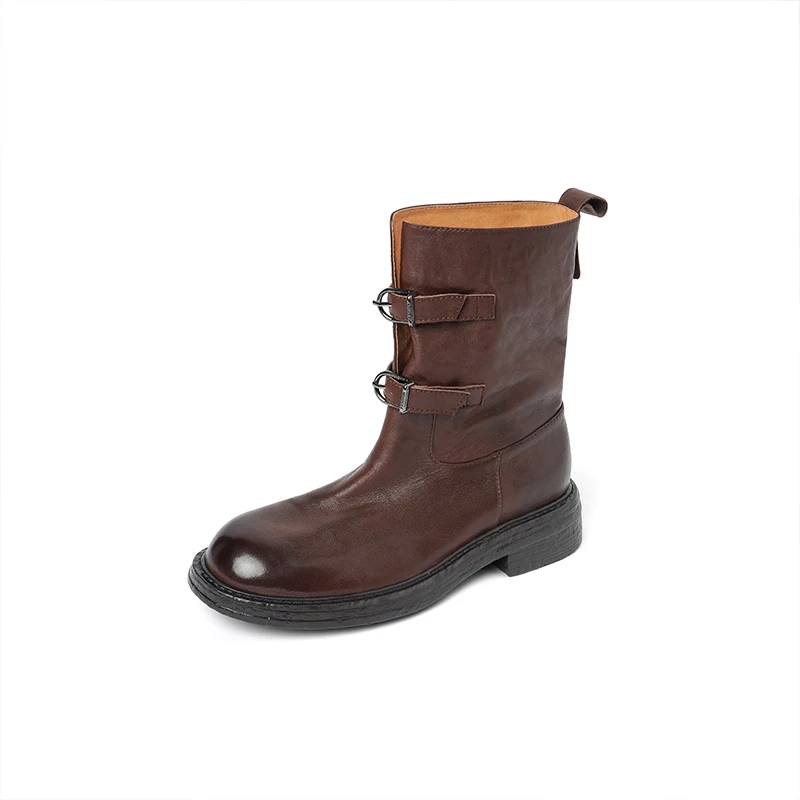 NEW TREND 2027 Autumn Winter Women Genuine Leather Motorcycle Ankle Boots Black Brown Ladies Round Toe Buckle Block Heels Shoes