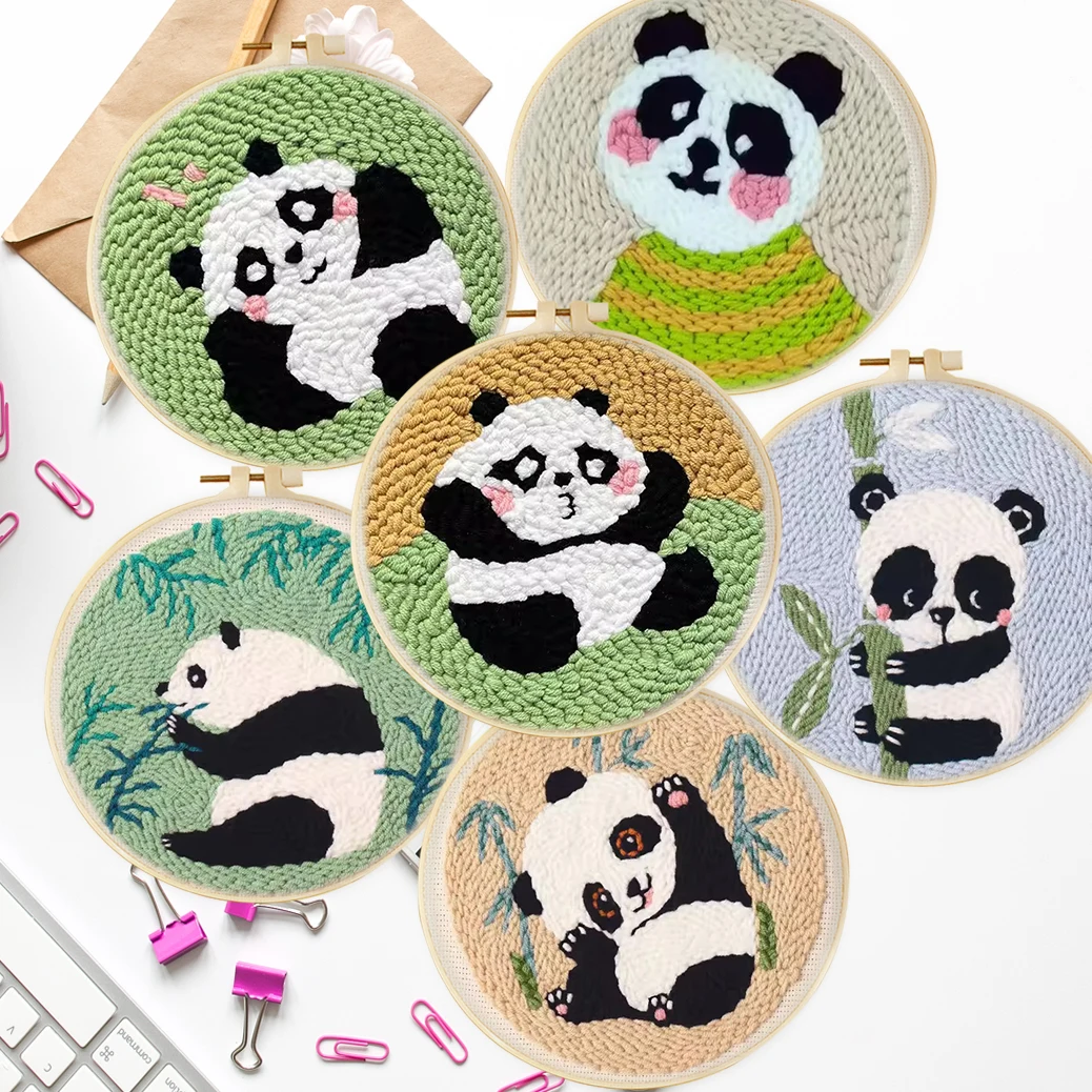

CHENISTORY DIY Punch Needle Kit with Panda Animal Pattern with Yarn Stamped Cloth Threader Tools Punch Needle Embroidery Kits