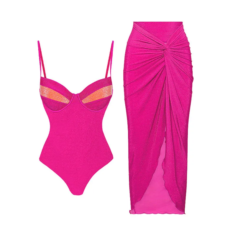 Women's Fluorescent One-Piece Swimsuit Sexy Bikini Wrap Dress Vacation Style Maxi Dress Set Elegant Summer Holiday Swimwear