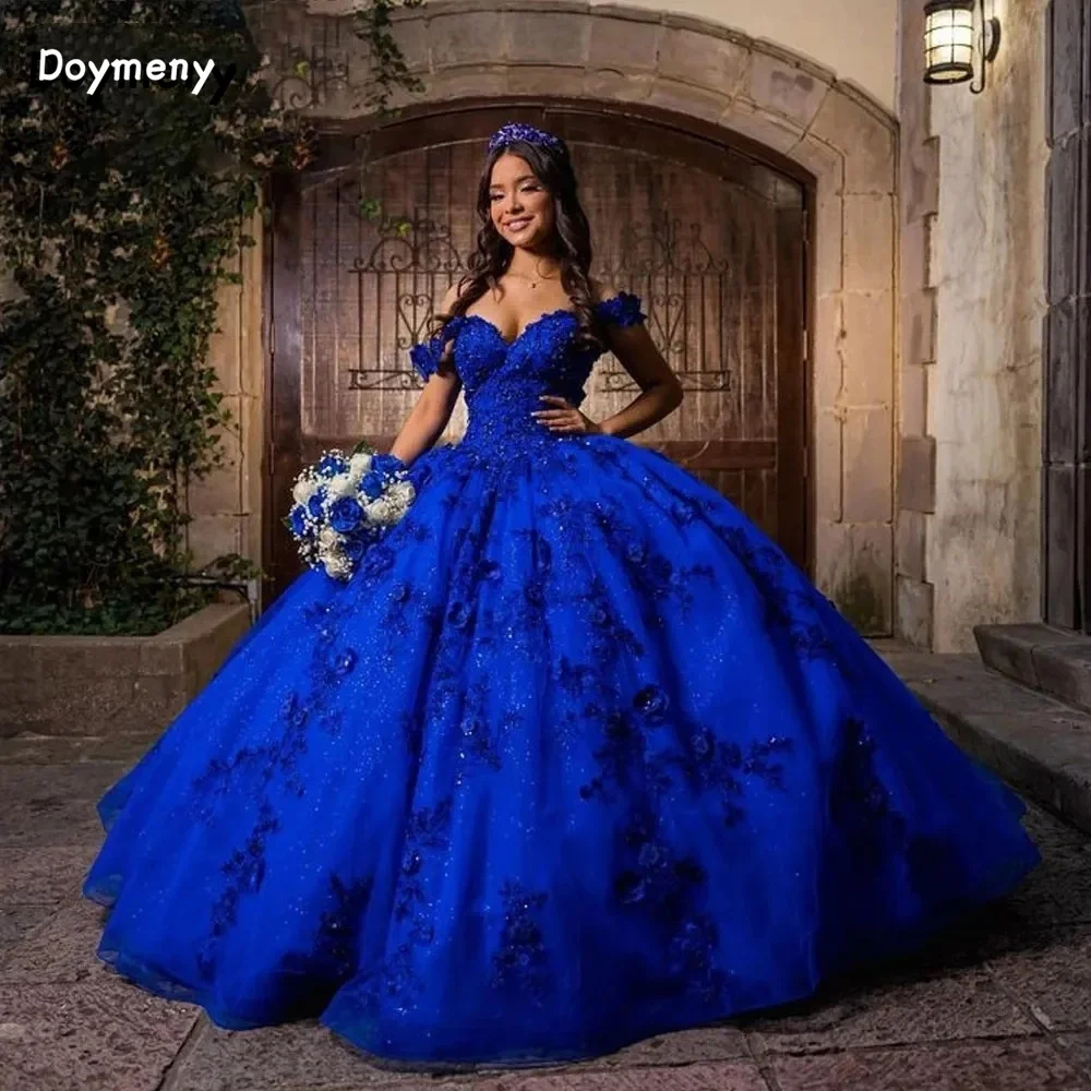 

Doymeny Off Shoulder 3D Flowers Quinceanera Dress Beaded Appliques Floor Length Ball Gown Sweet 16 Dress Birthday Party Gowns