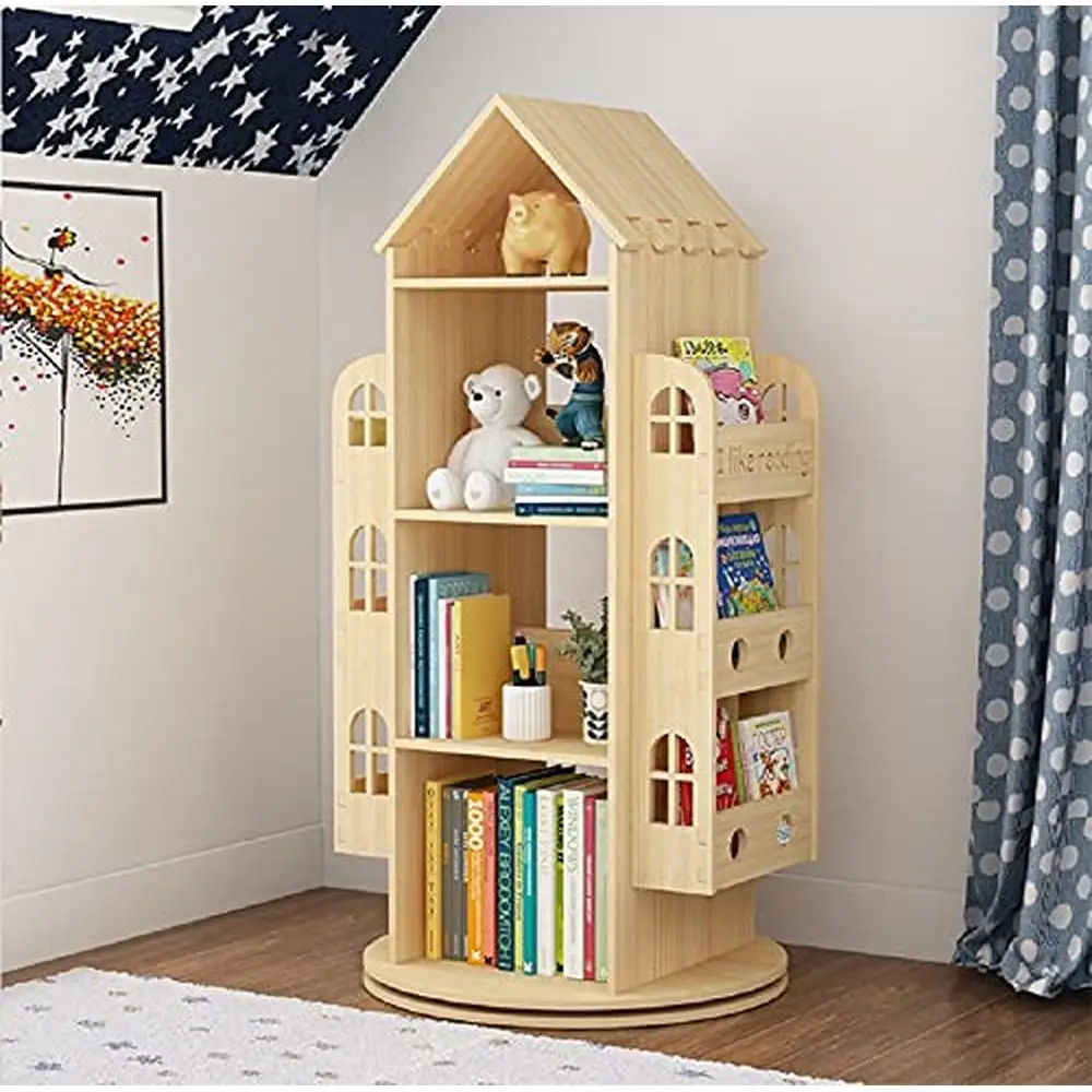 Rotating Kids Bookshelf Display Stand Wooden Storage Rack Floor Shelf 360 Degree Rotatable Children's Bookcase Eco-Friendly Pine