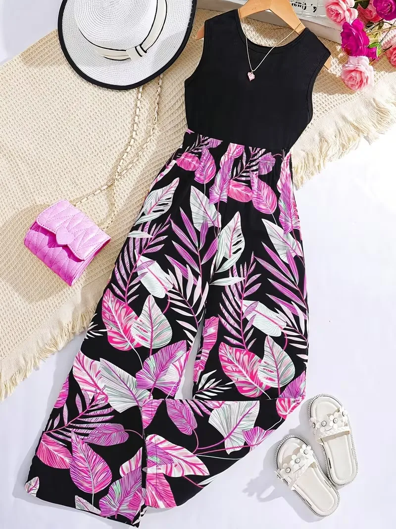 Girls Tropical Jumpsuit – Black Sleeveless Top with Pink Leaf Print Wide Leg Pants Romper for Summer