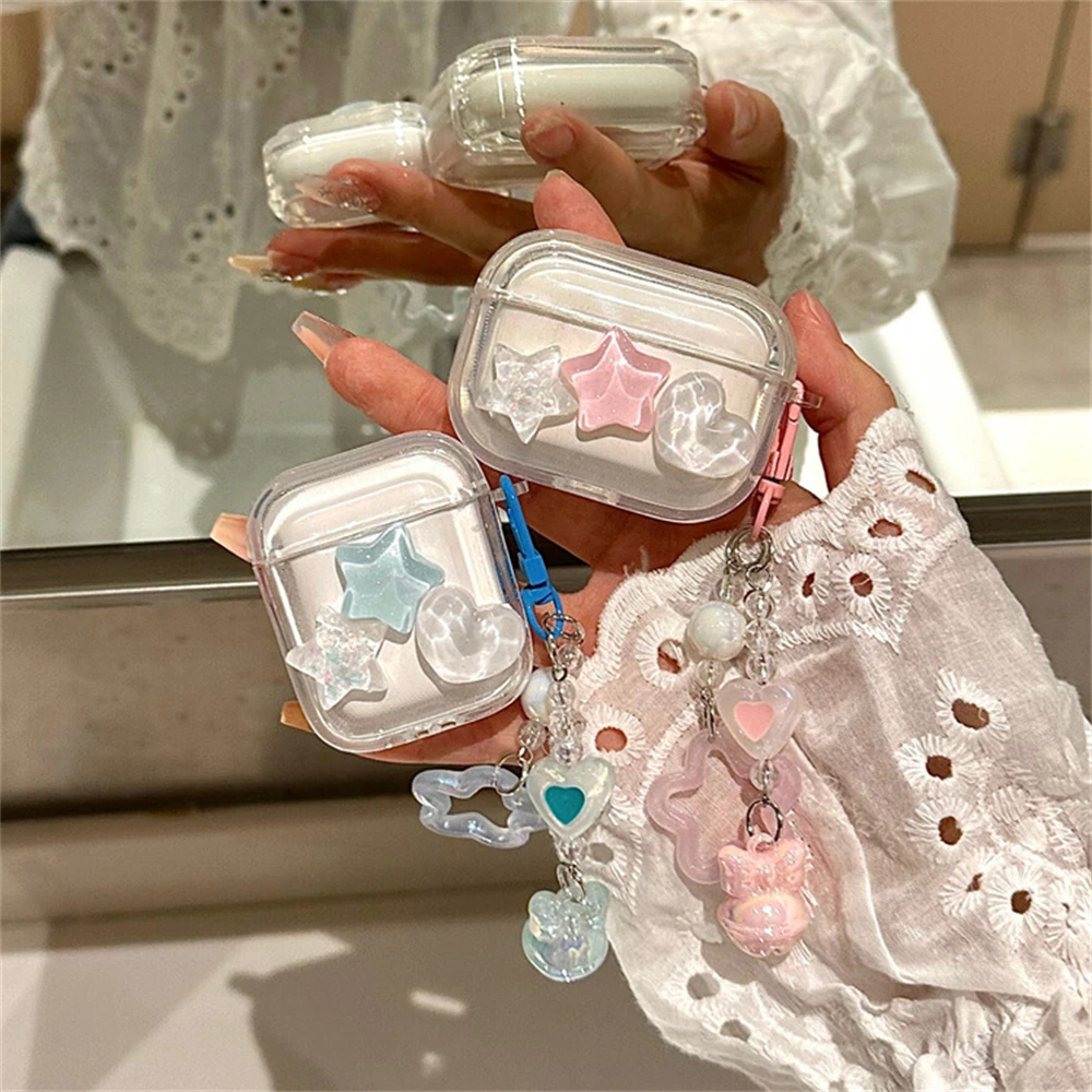 Cute 3D Star Love Heart Clear Headphones Case For AirPods 1 2 3 With Bell Pendant Protective Shell Soft Cover For AirPods Pro 2