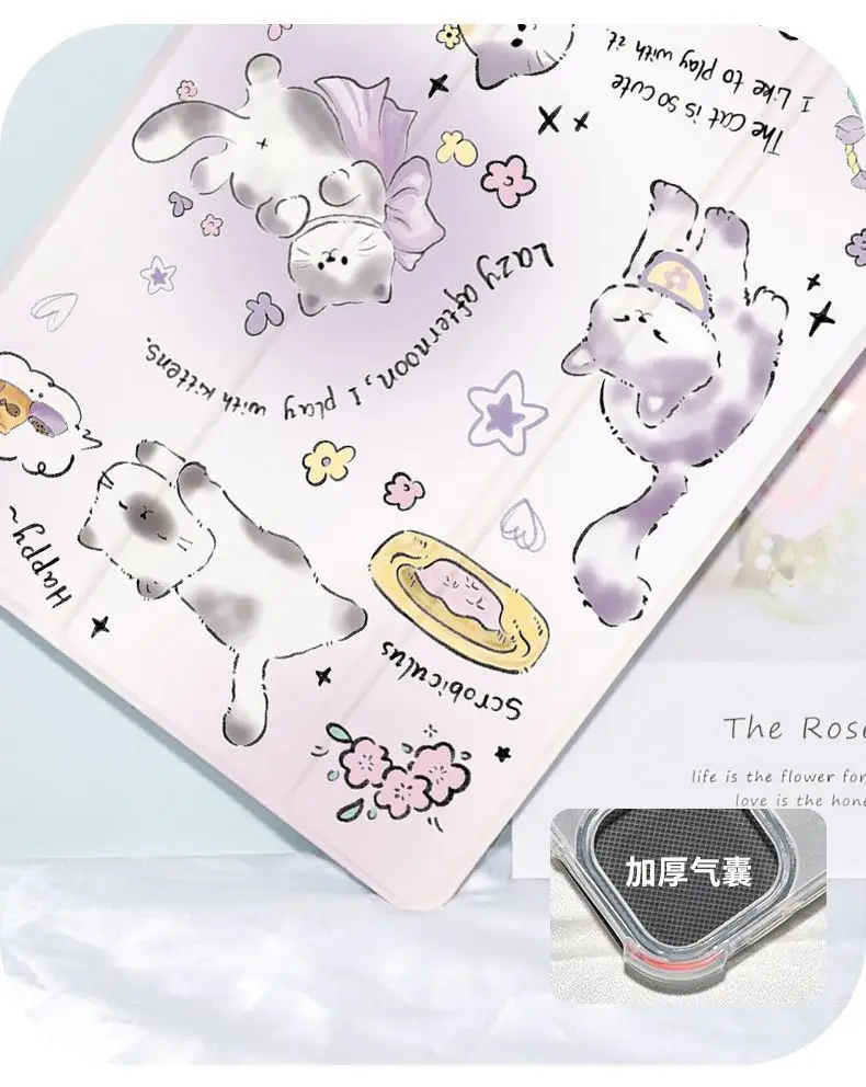 Lilac Flower Cat Tri-fold Flip iPad Case with Pen Slot, for 11th Gen Pro/Air7/8/6/9th Gen 10.2/mini6