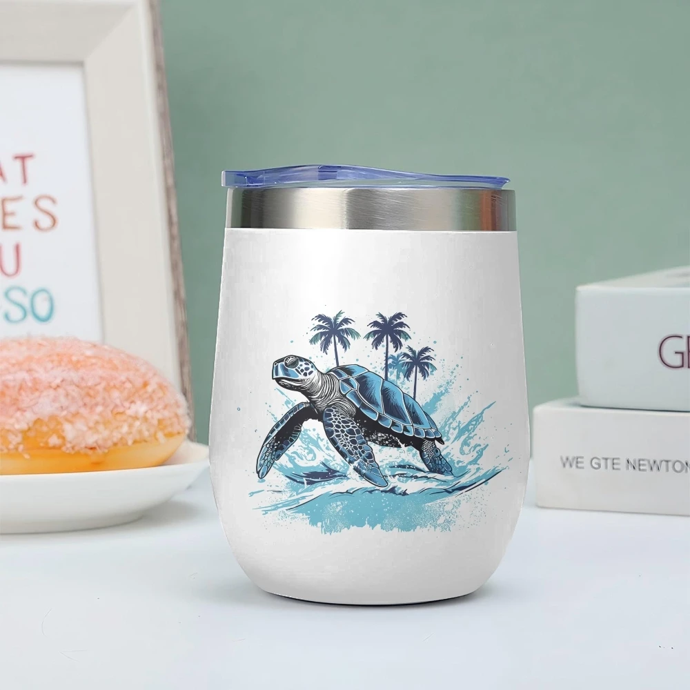 Sea Turtle Surfing The Wave Vacuum Flasks 12oz Insulated Wine Tumbler Vacuum Coffee Mug Egg Shape Thermos Cup