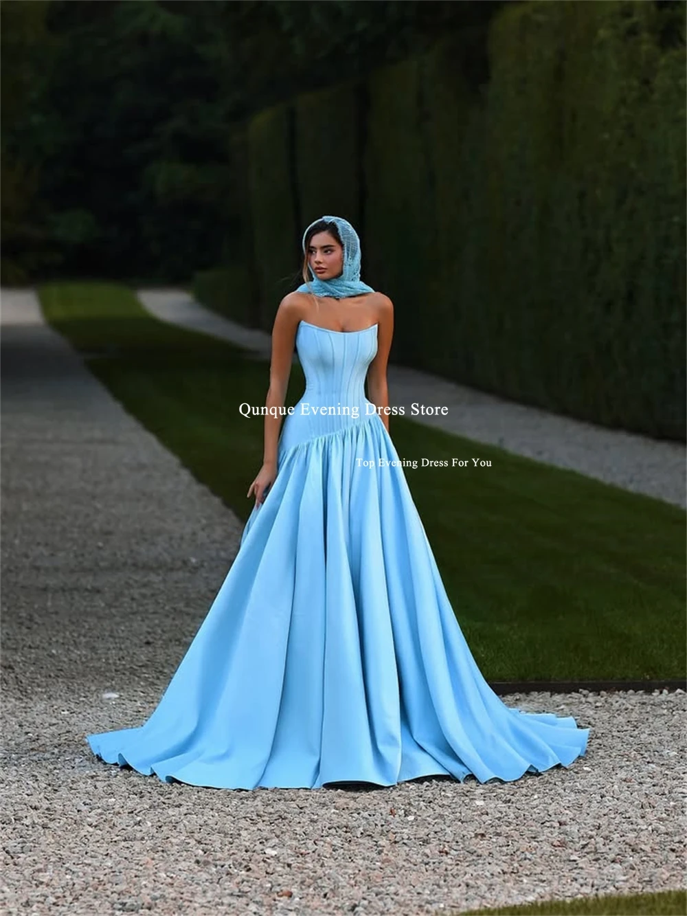 Qunque Himmelblaue, trägerlose, drapierte Ballkleider, A-Linie, ärmellos, Vestidos De Noiva, Satin, formelle lange Abendkleider, individuell gestaltet