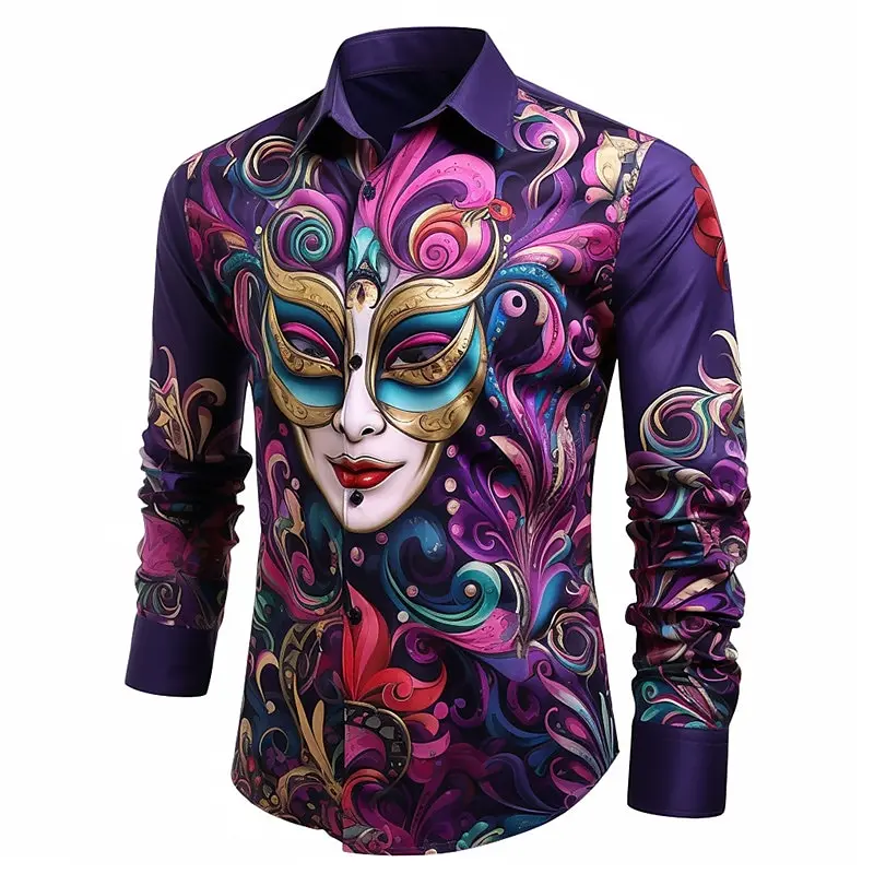 Mask Abstract Men's Shirt Casual Wear Casual Fall/Winter Reduced Long Sleeve Purple Four-Way Stretch Fabric Shirt Carnival