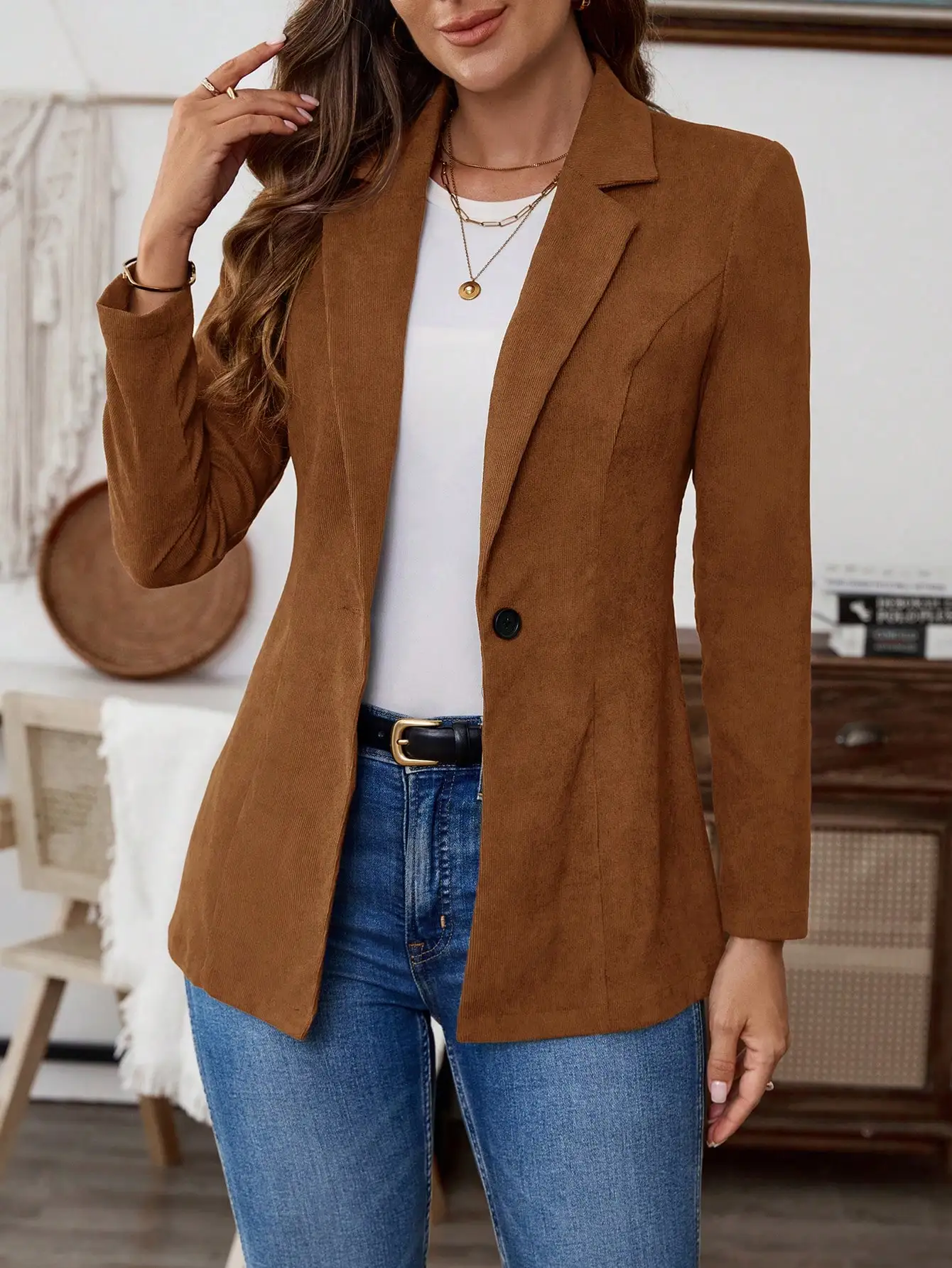 

Женский однотонный блейзер с вырезанным воротником и длинными рукавами, повседневная осенняя одежда