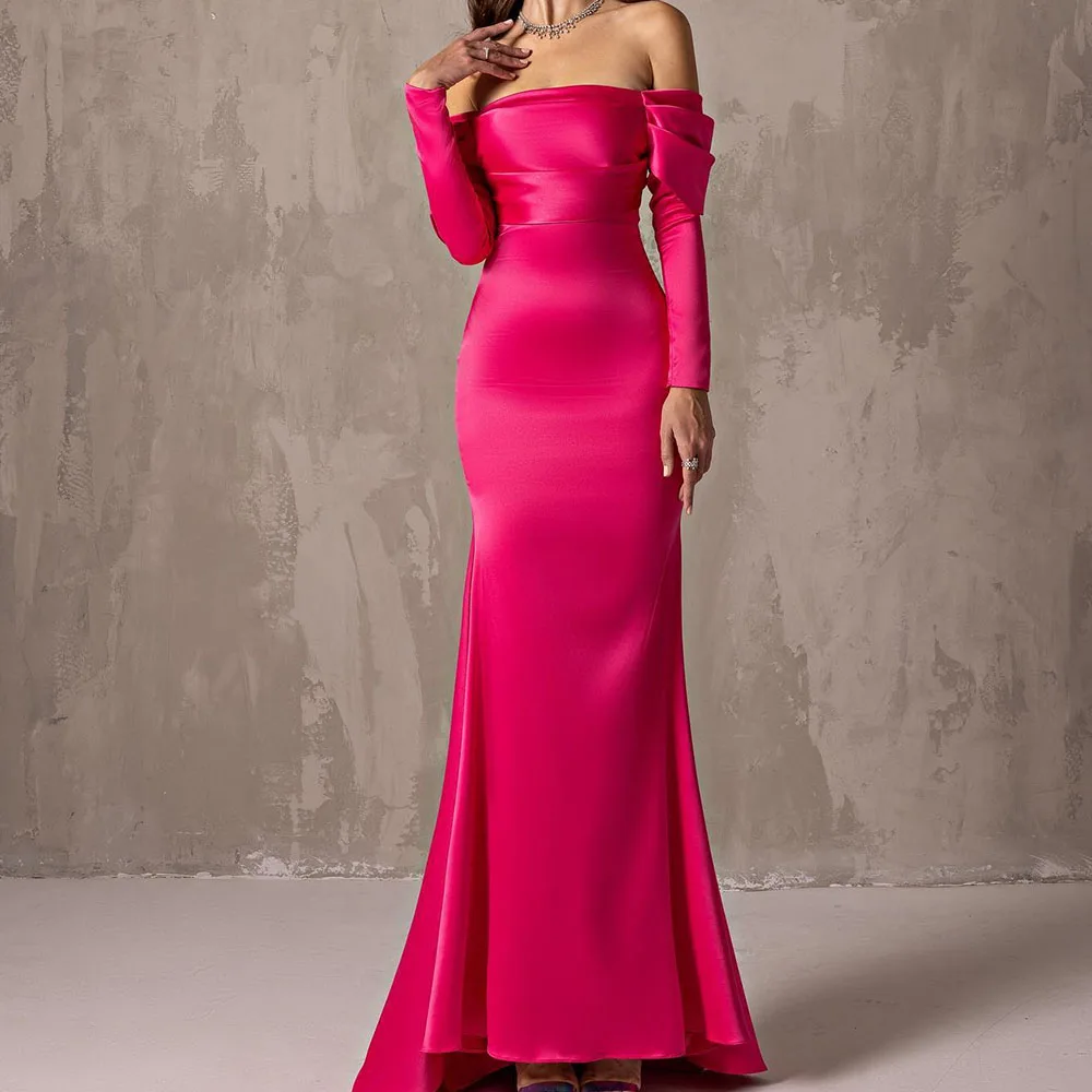 

Customized Graceful Satin Straight Off the Shoulder Evening Dress Strapless Floor Length Long Sleeves Panel Train Solid Color