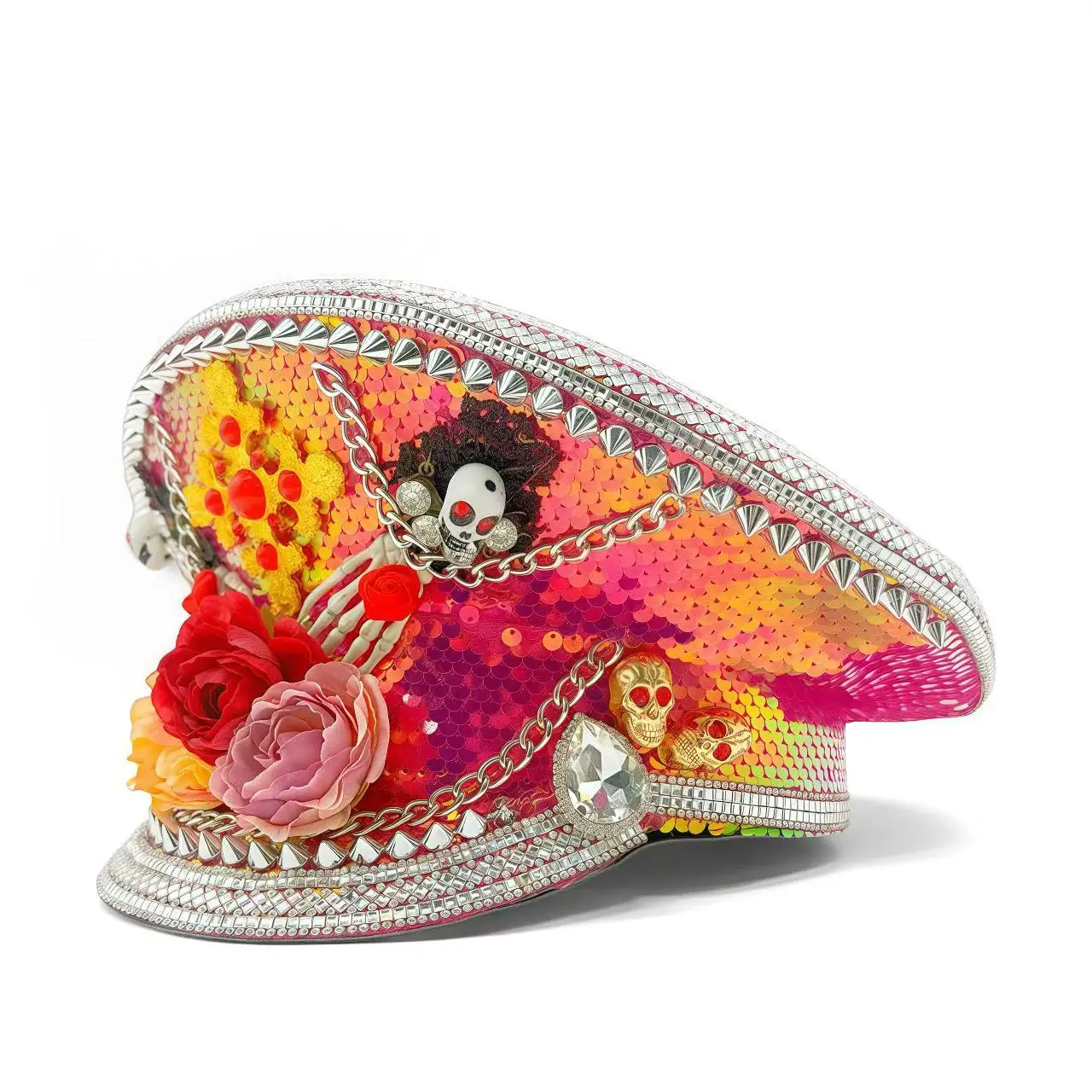 HongLuan Chapéu de capitão com laço de couro amarelo laser strass e bonés militares para mulheres, acessórios para festivais rave e boné de festa masculino