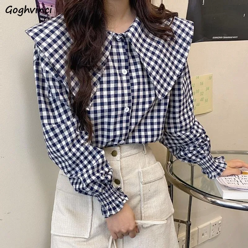 Chic Vintage Plaid Shirts Women Red Blue Peter Pan Collar Flare Sleeve Loose Sweet Students Preppy Autumn Winter Female Mujer