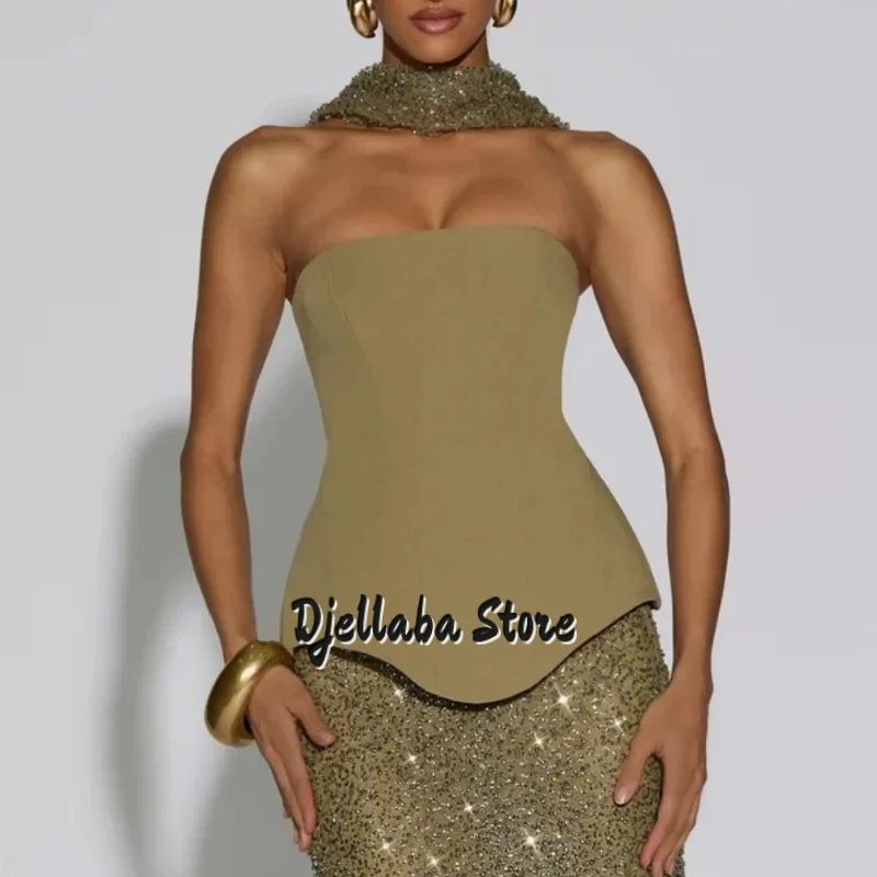 تخصيص الأخضر الترتر الأوشحة الحريرية الطويلة الجلباب دي soirée قطعتين مجموعة فساتين الحفلات بدون حمالات ألف خط فستان الحفلة الراقصة 2025