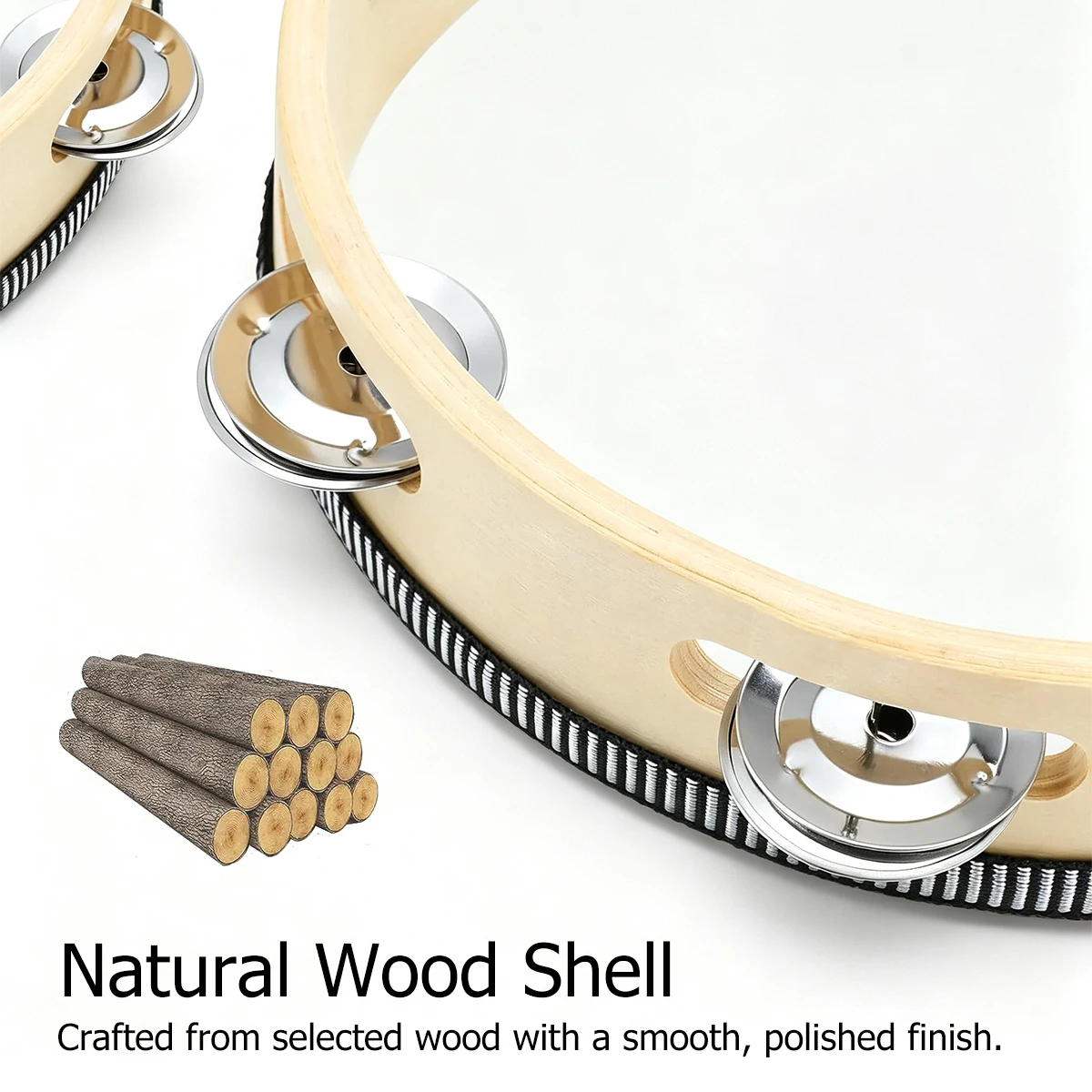 Miwayer Wooden Tambourine 4/6/8/10 Inch - Natural Wood, Single Row Metal Jingles, Hand Percussion for Kids & Adults