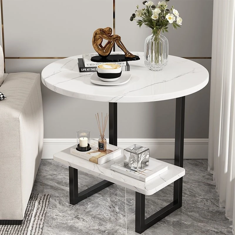 YQ FOREVER Modern Sofa Side Table Marble Texture Wooden Round End Coffee Tables