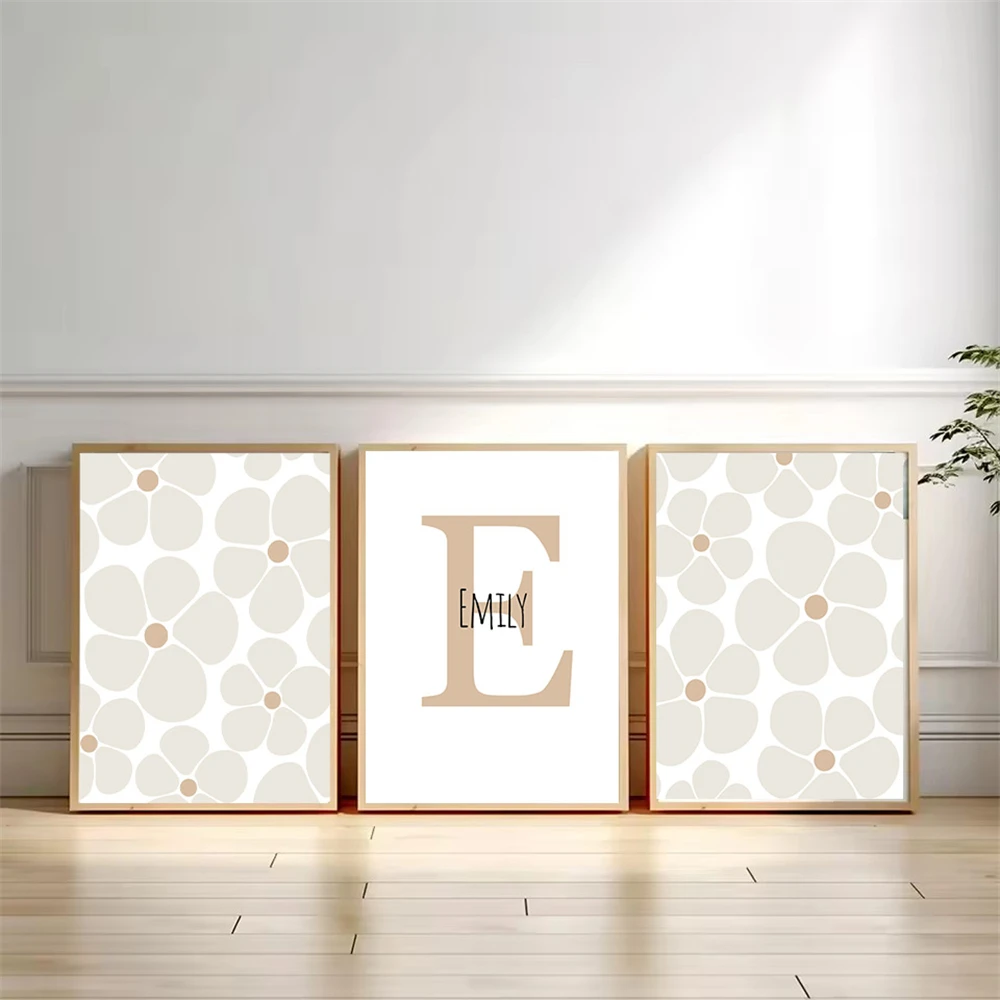 

Custom Baby Name Canvas Poster Beige Daisy Art Prints Nursery Wall Painting Floral Posters Nordic Wall Pictures Girls Room Decor