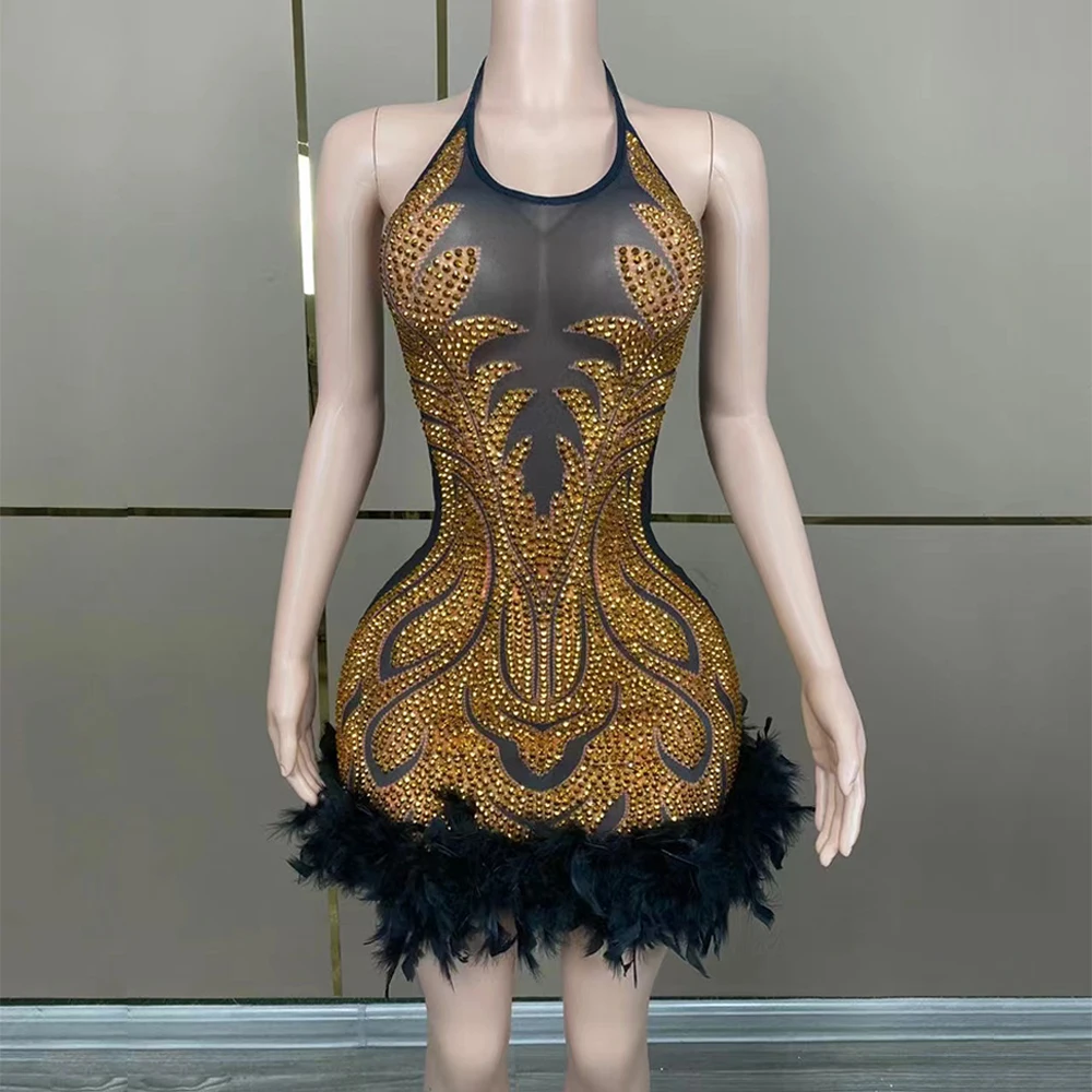 Customized Mesh Gauze lace Transparent High Elastic Sequins Sexy Feather Tight Dress Birthday Party Dress Performance Dress