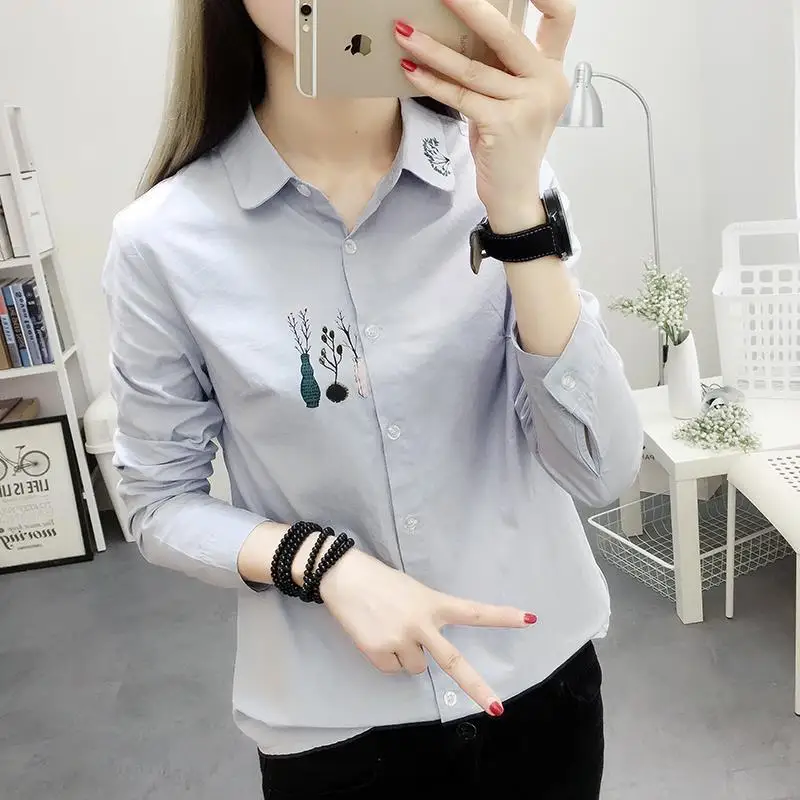 Fashion Printing Vase Cotton Single-breasted Blouse Women Classic Long Sleeve Polo Collar Casual Korean Lady Chiffon Shirt