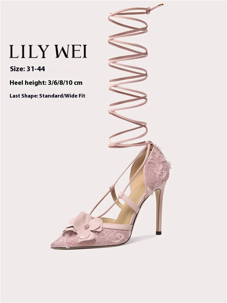 

Тонкие босоножки на высоком каблуке, летние туфли с острым кружевом и цветочным ремешком, банкетная женская обувь большого размера, маленького размера, расширенная версия
