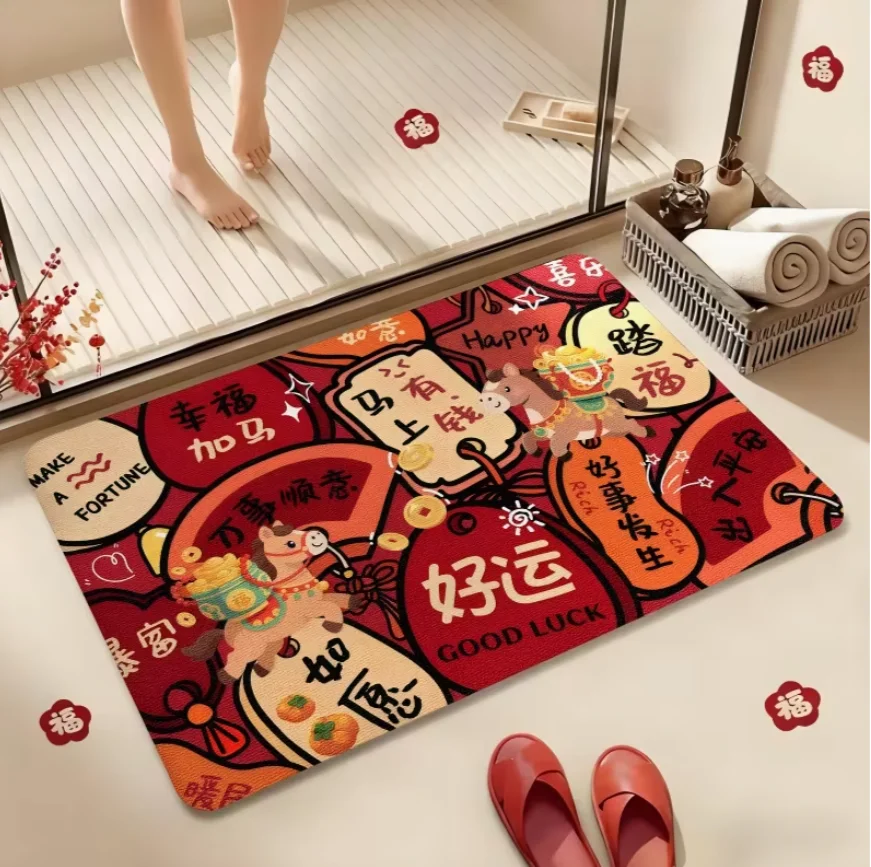 1 Set of New Year Floor Mats Non-slip Entrance Area Rugs Red and Gold Chinese-designed Home Decorations New Year Festival Carpet